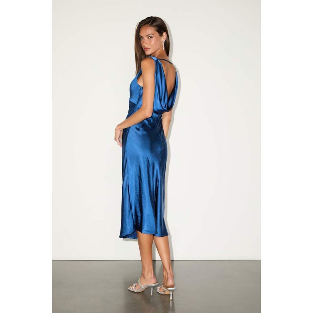 Lulus Incredible Love Navy Satin Cowl Back Midi Slip Dress Luxe Wedding  Medium